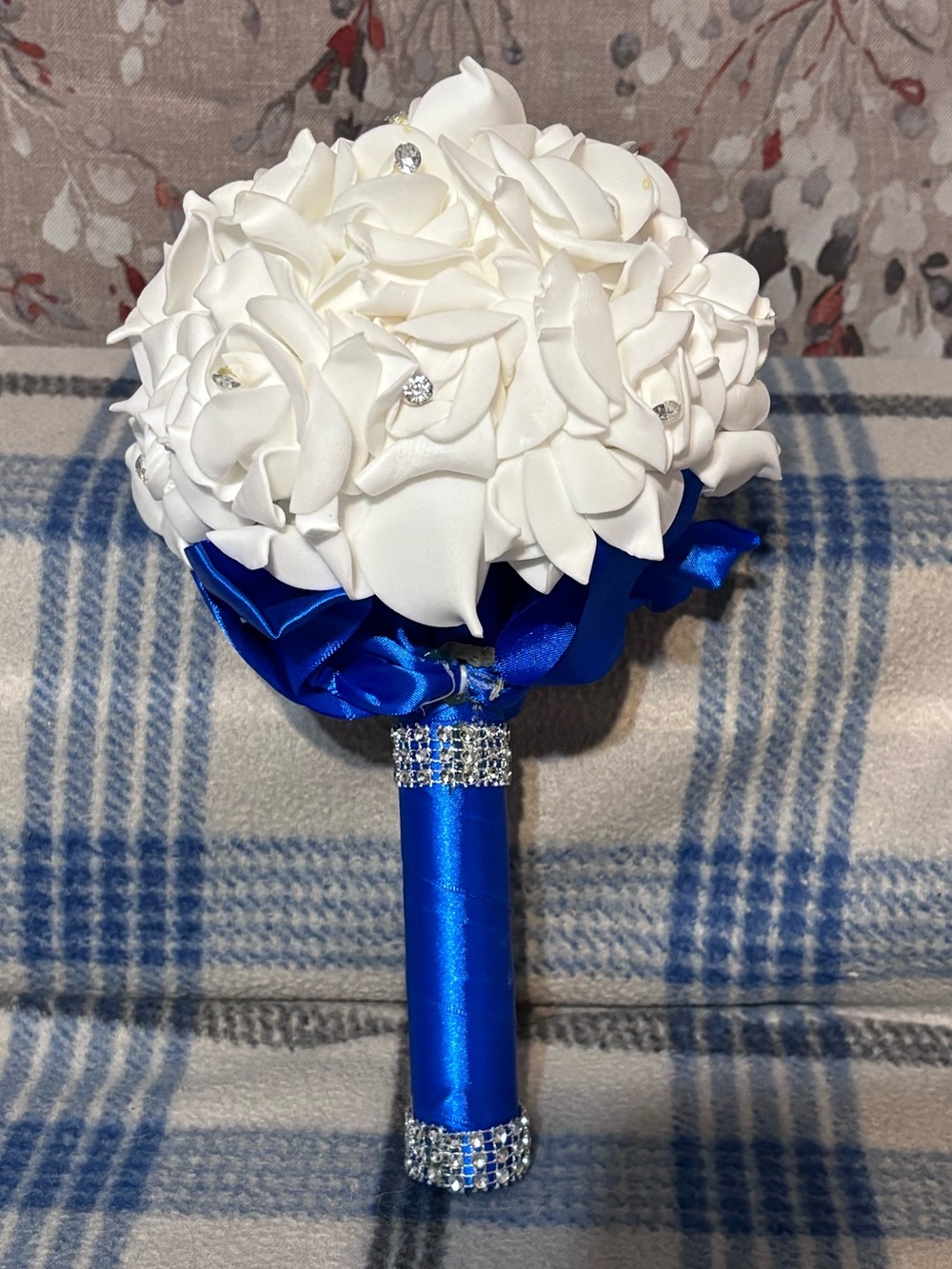 White and Royal Blue Faux Rose Bridal Bouquet with Rhinestone Handle